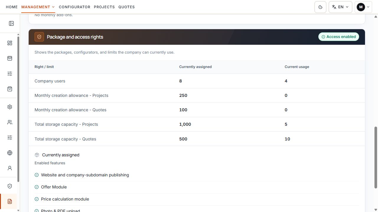 Access overview with currently assigned quotas and current usage.