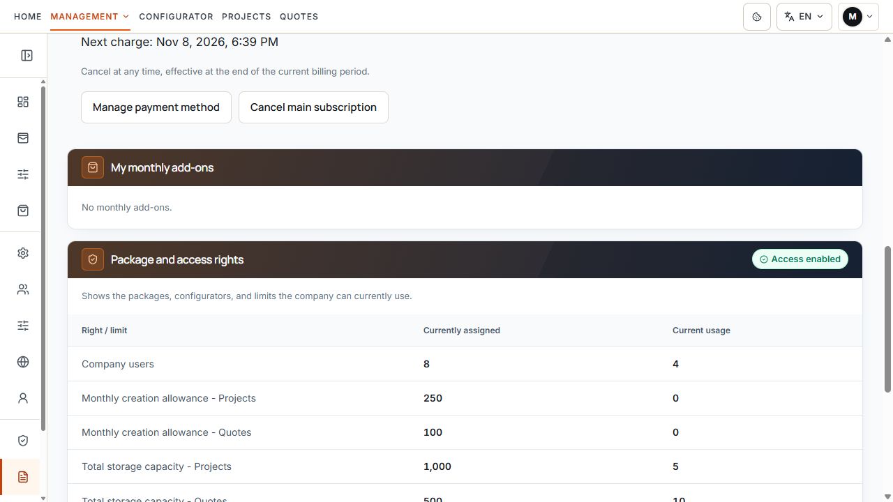 Contract area with package scope and an empty area for monthly additional subscriptions.