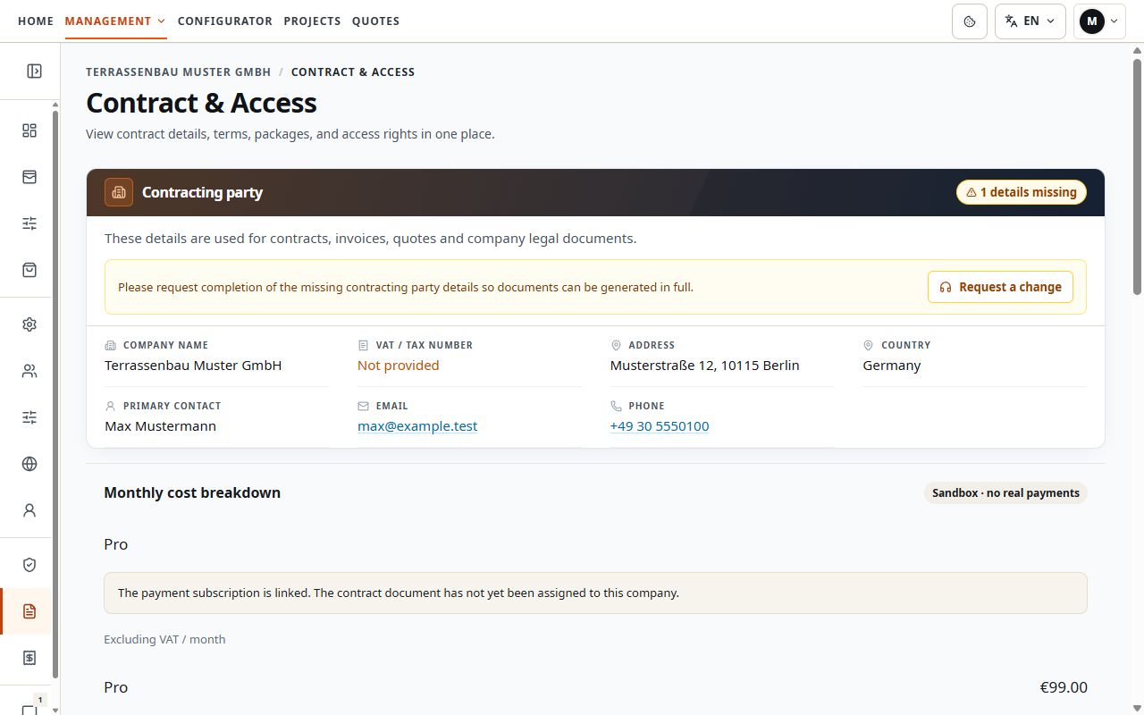 Contracting party details with a missing-information notice and Request change action.