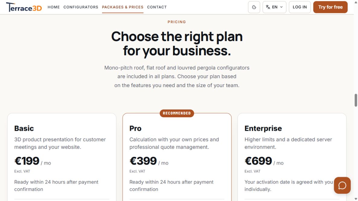 Package comparison with Basic, Pro, and Enterprise, monthly prices, and included services.