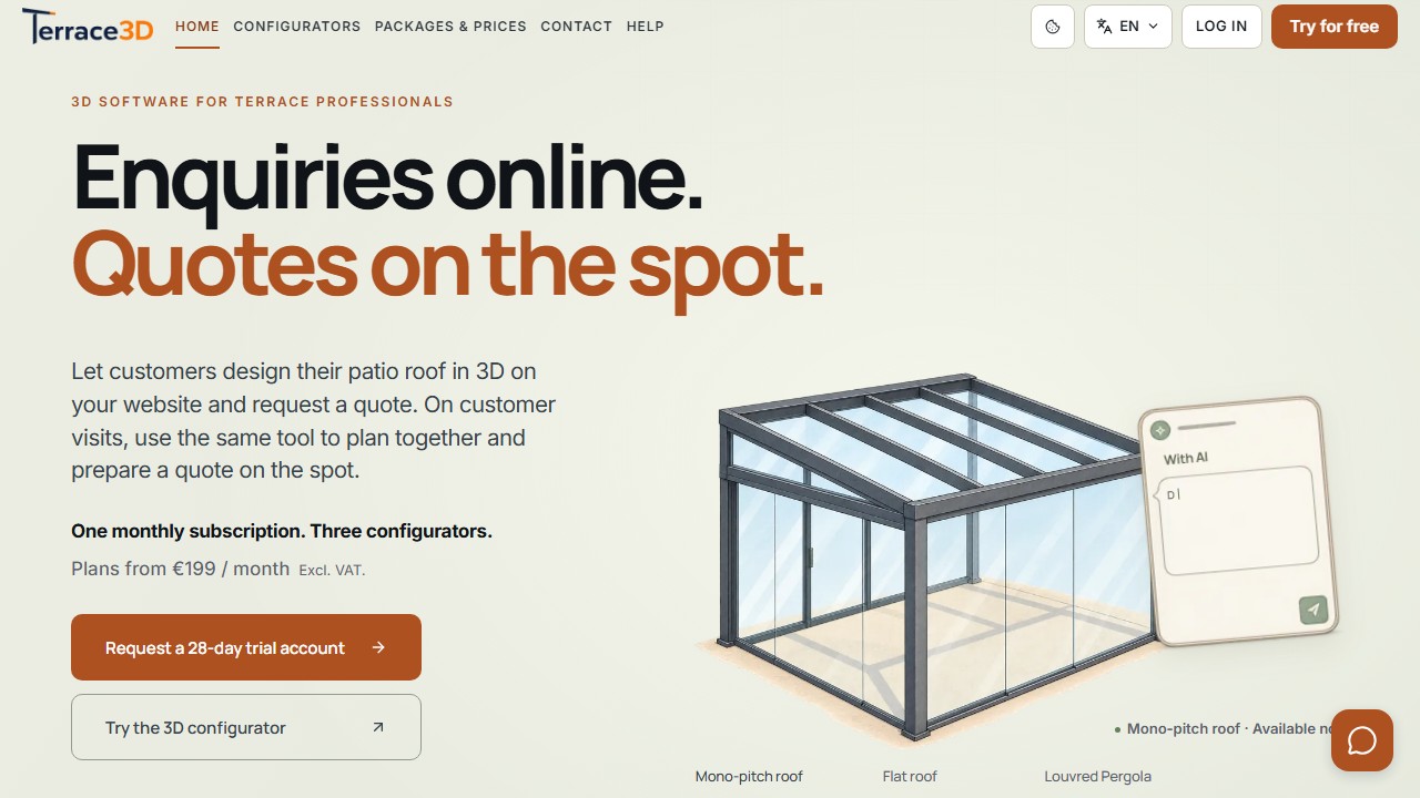 Start section of the Terrace3D website with trial access and product presentation.