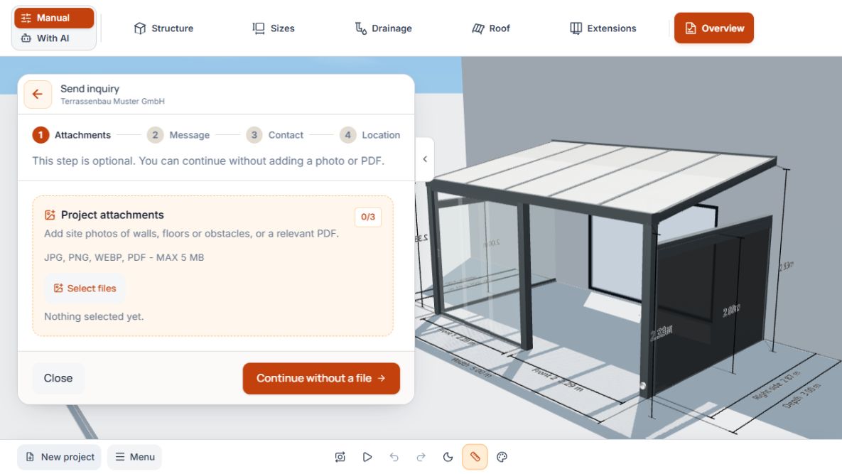 Inquiry form with Attachments, Message, Contact, and Location steps and optional file selection.