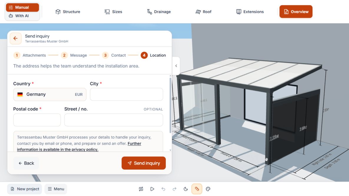 Location step with country, city, postcode, optional street, and Submit inquiry.