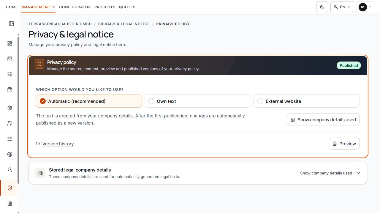 Privacy area marked Published with automatic privacy policy selected.