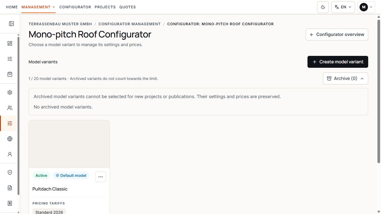 Configurator management with an open, empty archive area.