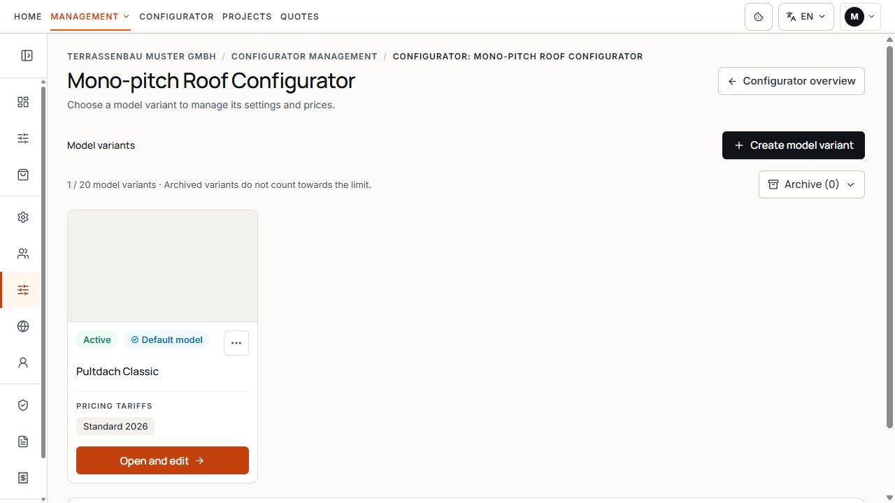 Configurator management with an active model card and assigned pricing tariff.