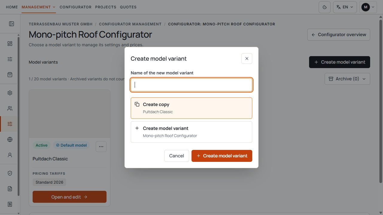 Dialog for copying or creating a model variant with a name field.
