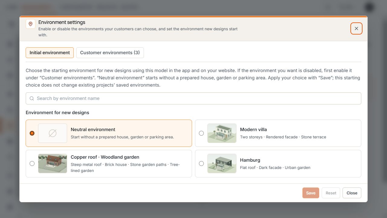 Environment settings with the Starting environment tab active and a selection of available environments.