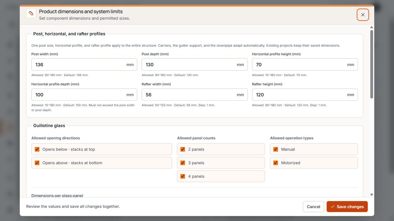 Dialog with profile dimensions and settings for the opening direction, panel count and operation of guillotine glass.