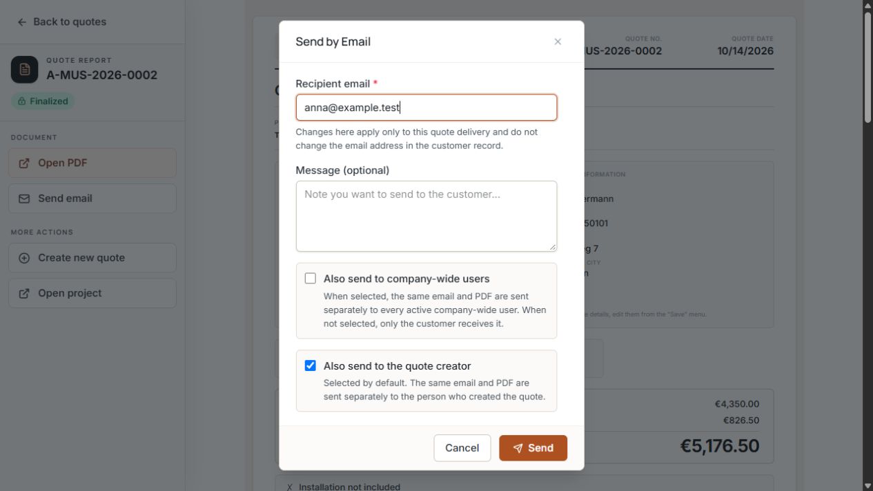Email dialog with recipient, message, and company and creator copy options.
