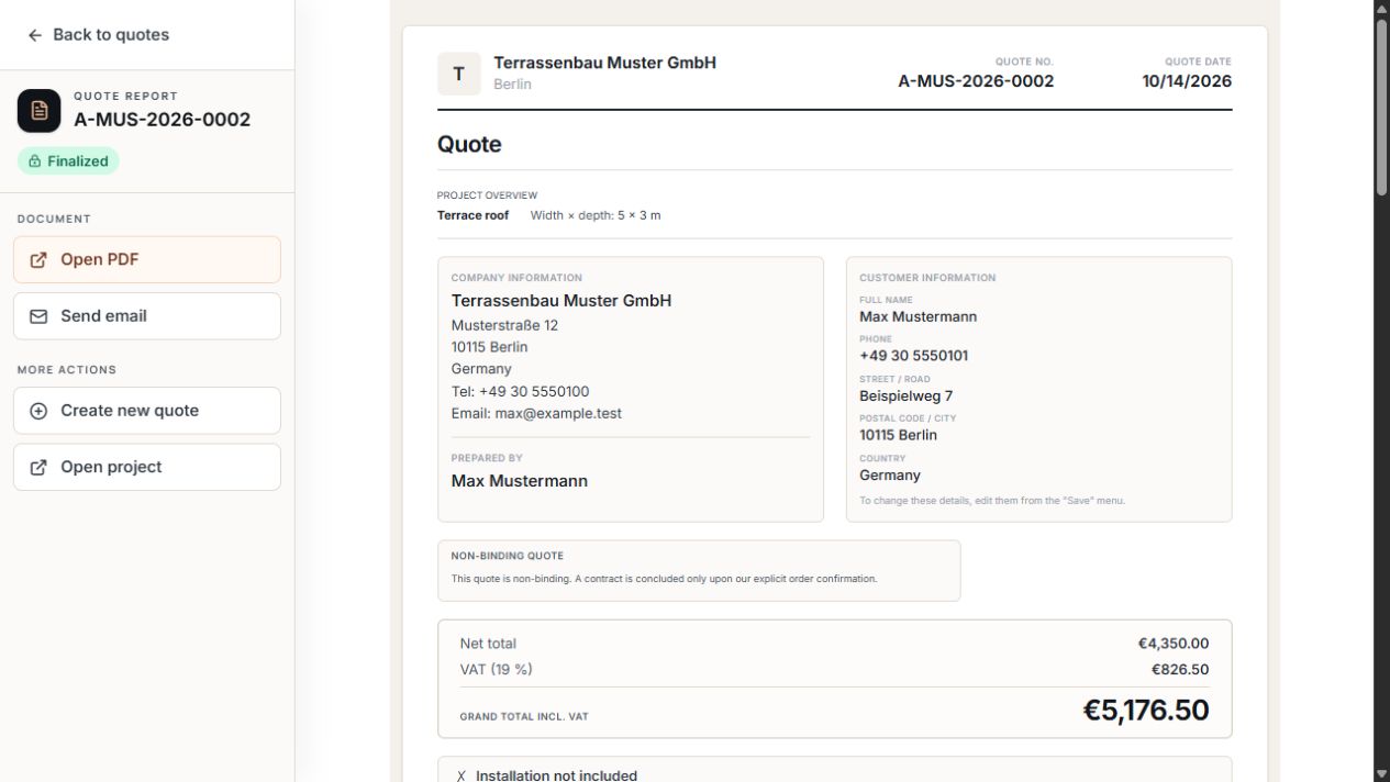 Finalized quote with company and customer details and PDF and email actions.