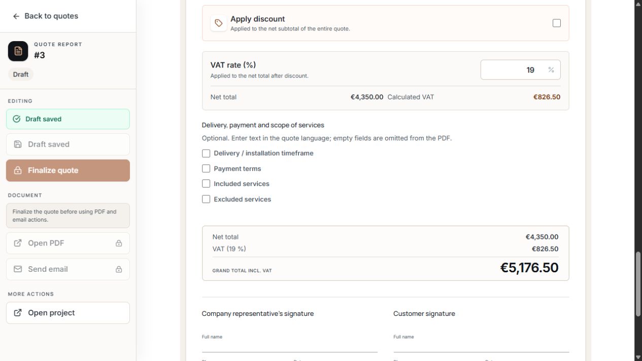 Draft quote with discount option, VAT rate, and net, tax, and total amount.