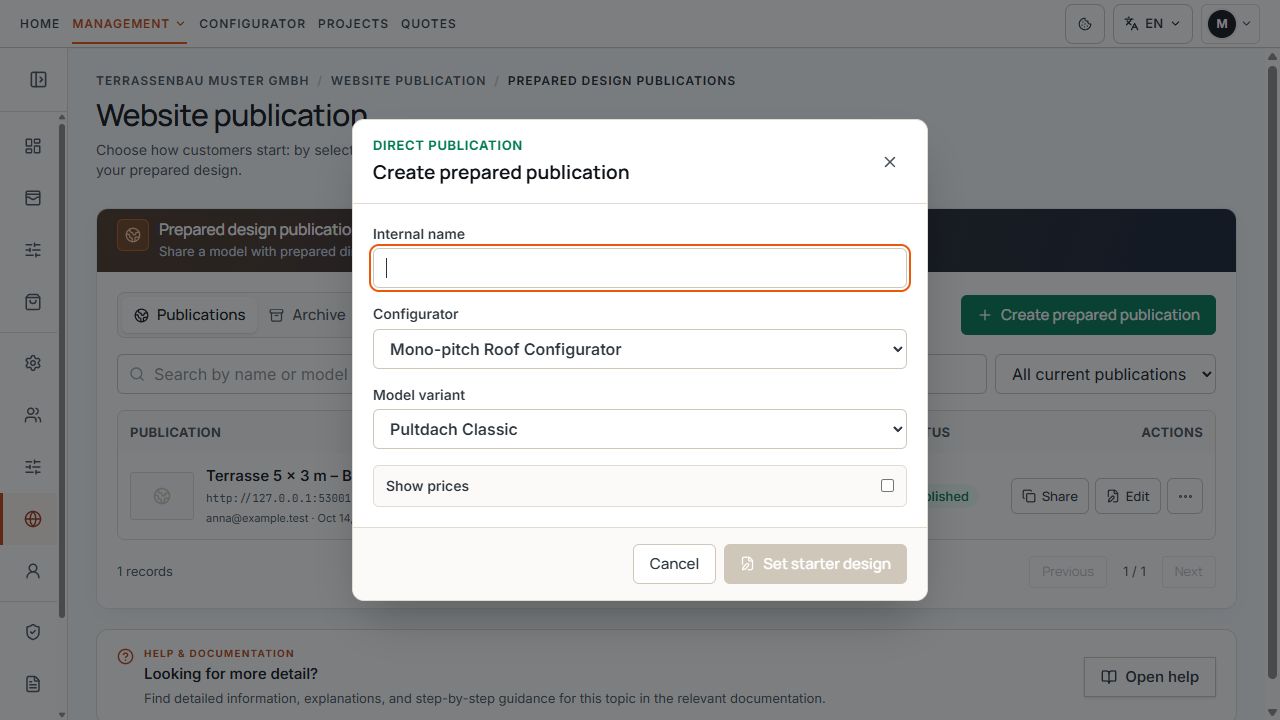 Dialog for a prepared publication with internal name, model, and price option.