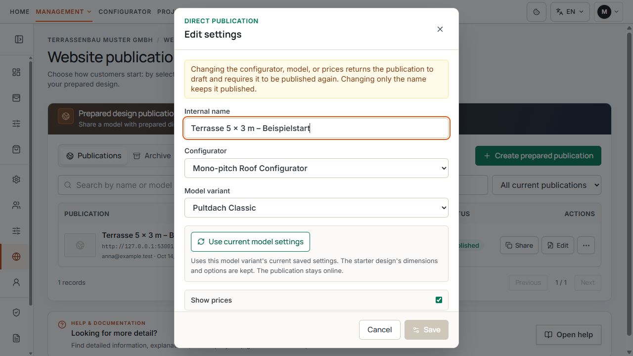 Prepared publication settings with Apply current model settings action.