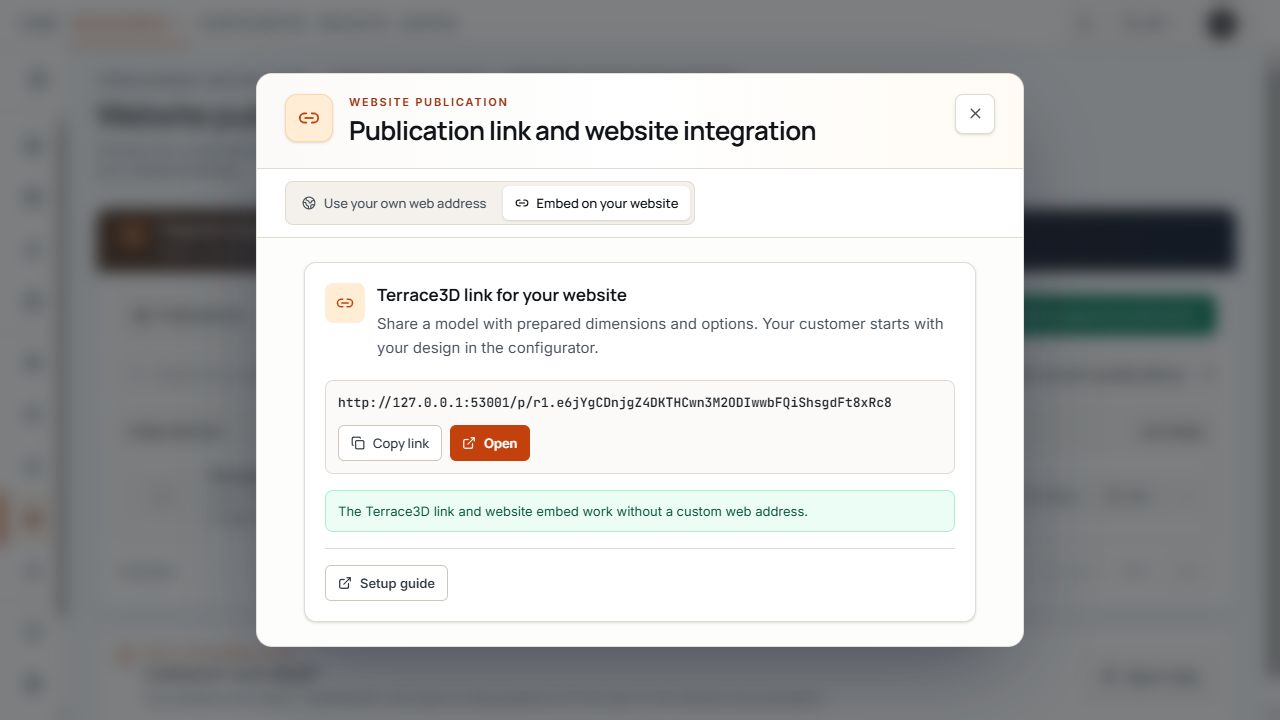 Share dialog of a prepared publication with a permanent link.