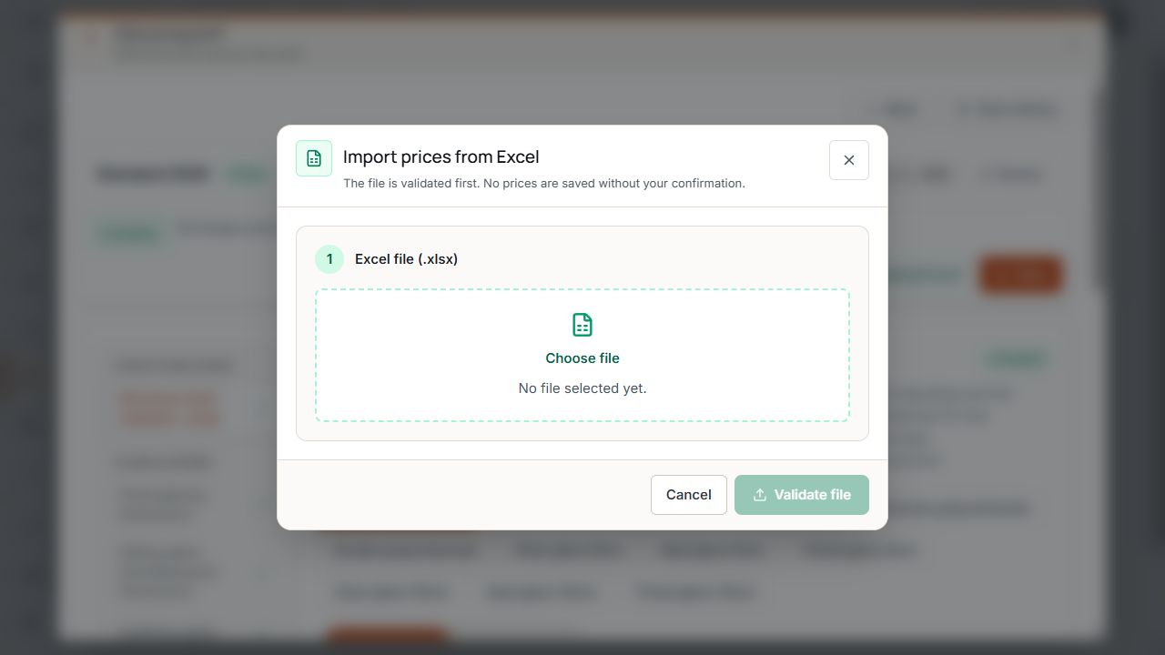 Import prices from Excel dialog with an empty file selection and disabled check action.