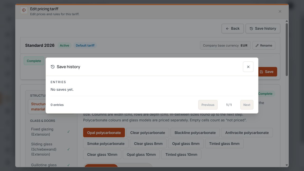 Change history for the selected pricing tariff with no entries.