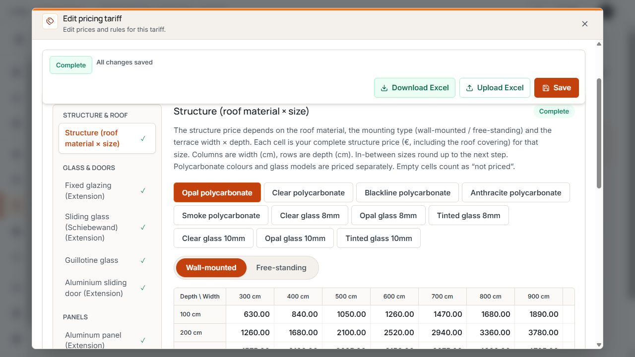 Base frame price matrix with depth in rows, width in columns, and mounting type selection.