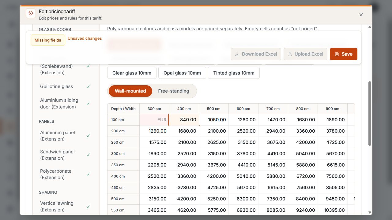 Price matrix with an empty price cell, Missing fields notice, and unsaved changes.