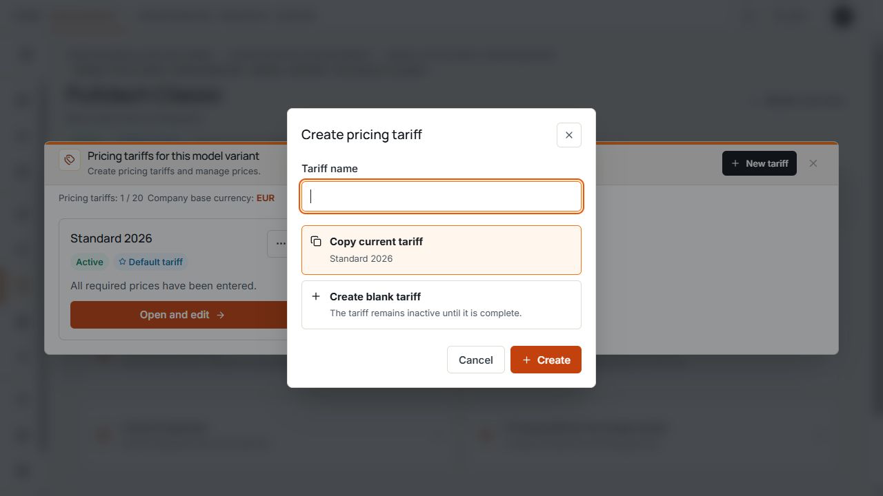 New pricing tariff dialog with a name field and selection between a copy and an empty pricing tariff.