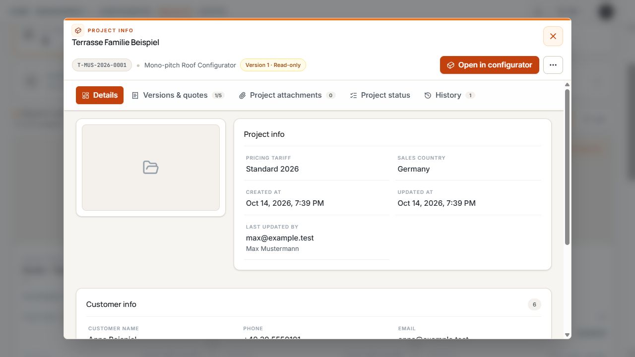 Project information with a read-only version identifier and tabs for Details, Versions, Attachments, Project status, and History.