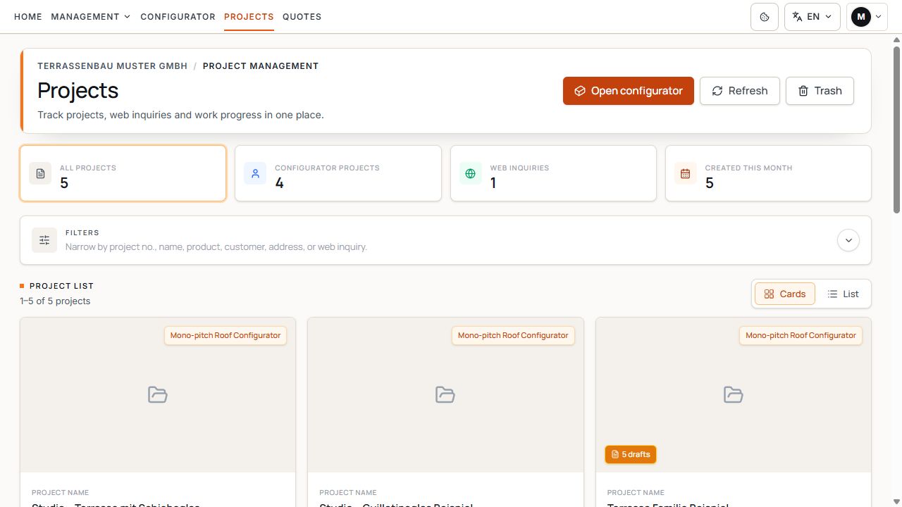 Project management with search, filters, and cards of saved projects.
