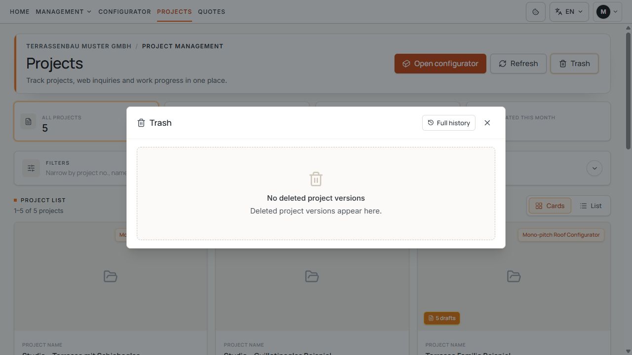 Project Trash with no deleted project versions.