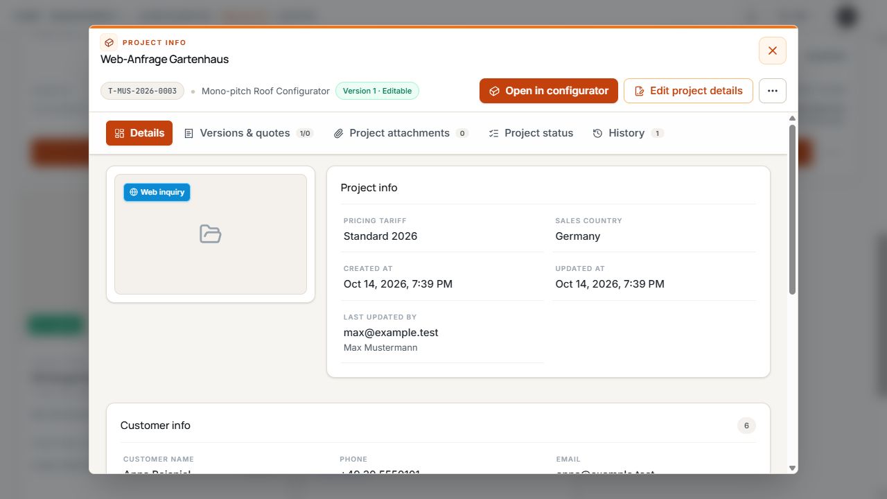 Project information for a web inquiry with a WEB label and associated project details.