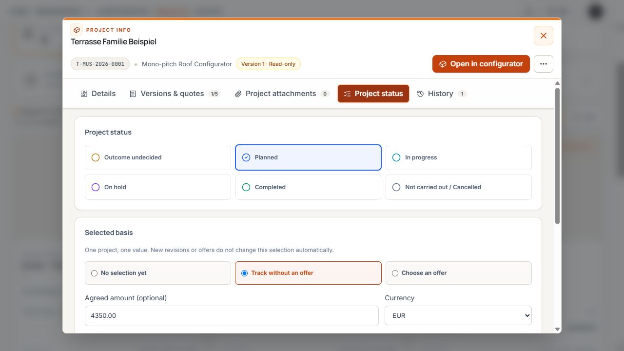 Project status with processing state, valid basis, and agreed amount with currency.