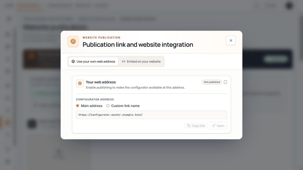 Address assignment with main address, custom link name, and Not published status.