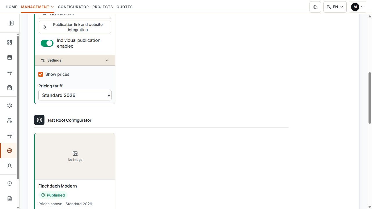 Settings of an individual publication with price option and pricing tariff.