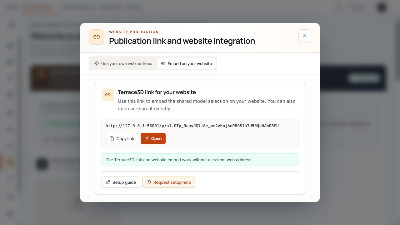 Share dialog for the shared model selection with a permanent link and copy action.