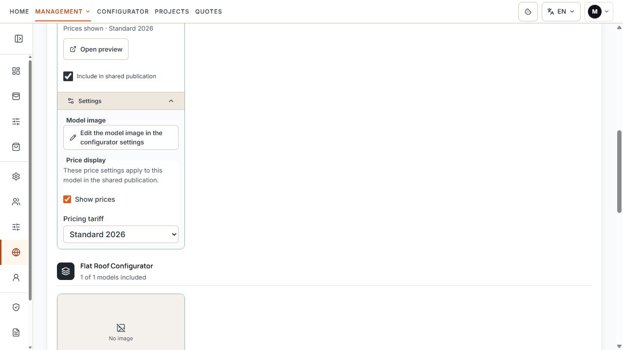 Model settings within shared selection with price option and pricing tariff.