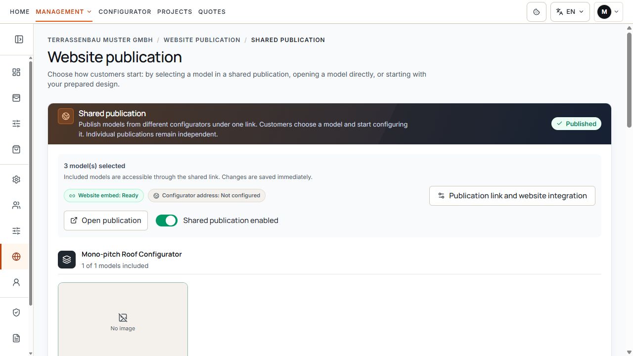 Shared publication with selected model variants and publication status.