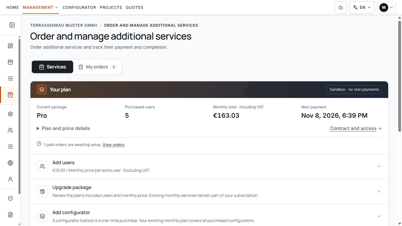 Additional services area with current plan, purchased user count, and entries for adding users and upgrading the plan.
