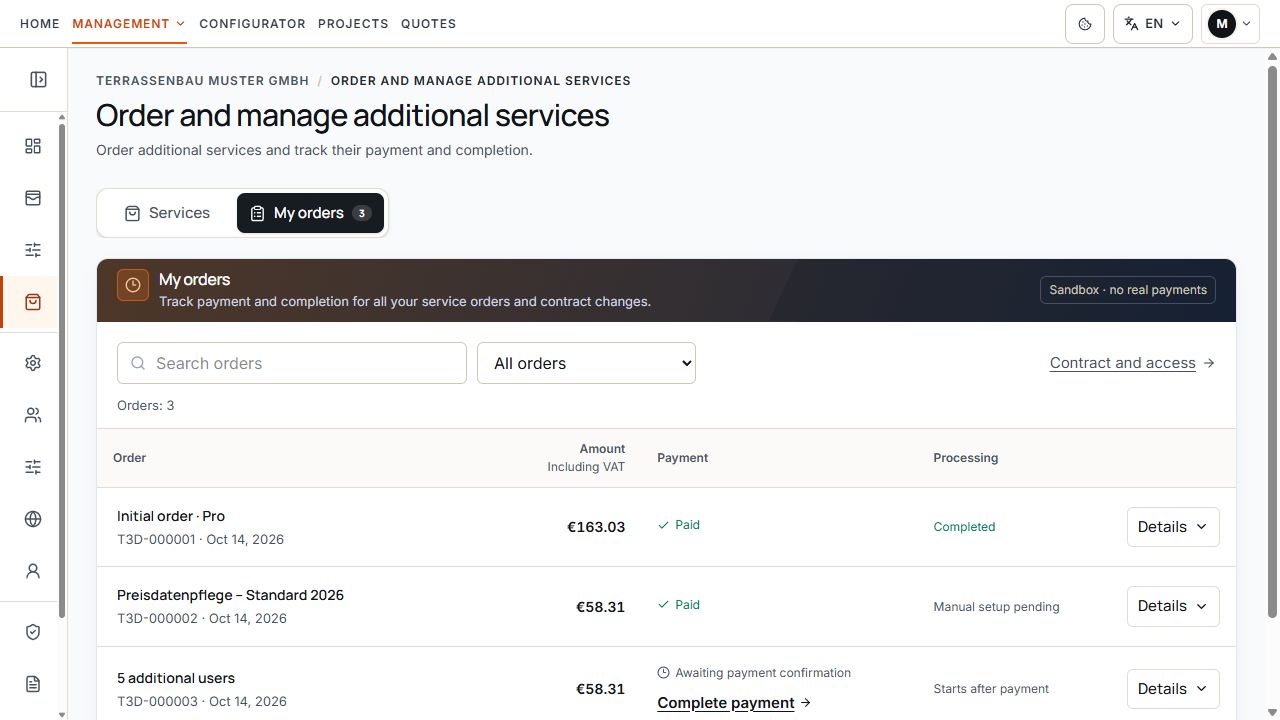 My orders with separate information on payment and processing.