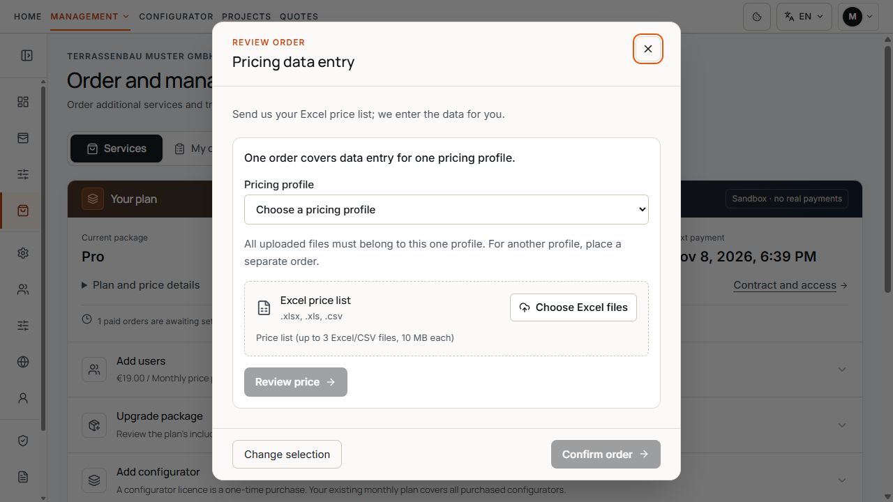 Price data maintenance form with pricing profile selection and Excel file selection.