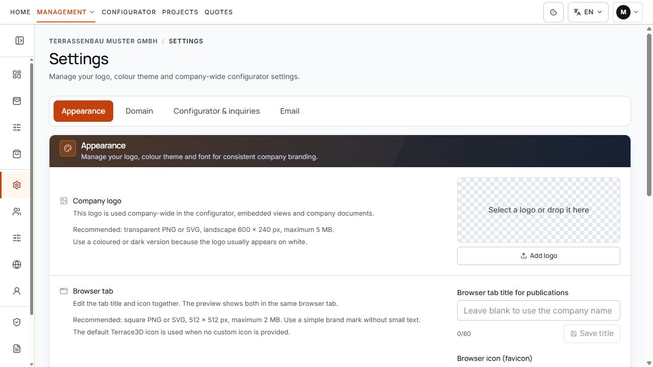 Appearance with logo selection and fields for the browser title and site icon.