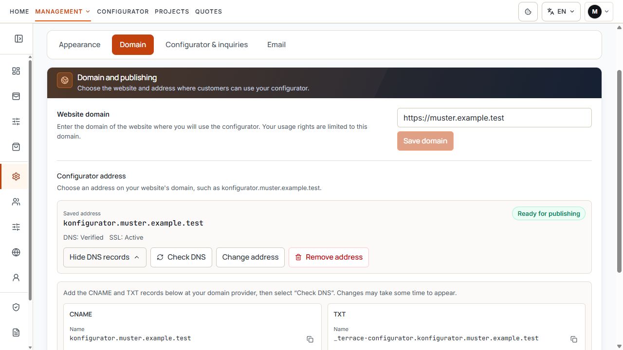 DNS area of the custom configurator address with CNAME and TXT records and DNS and SSL status.