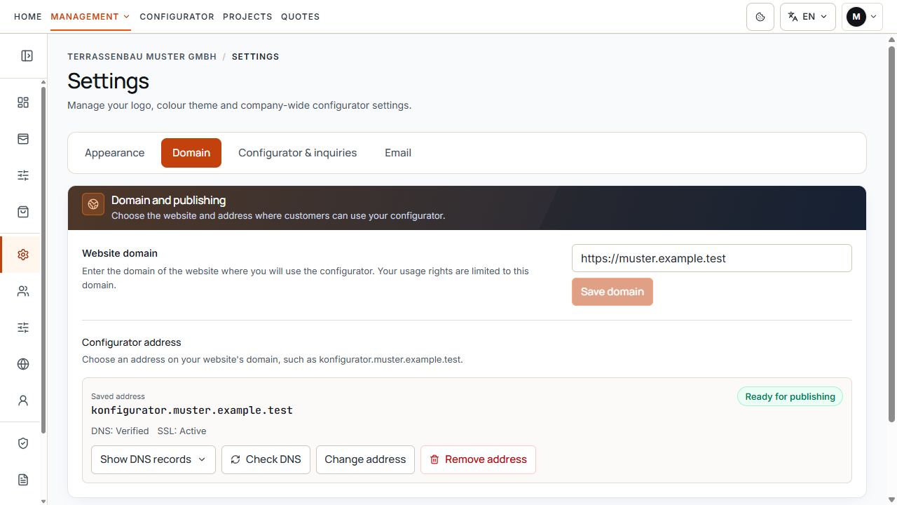 Custom configurator domain with DNS confirmation and SSL status.