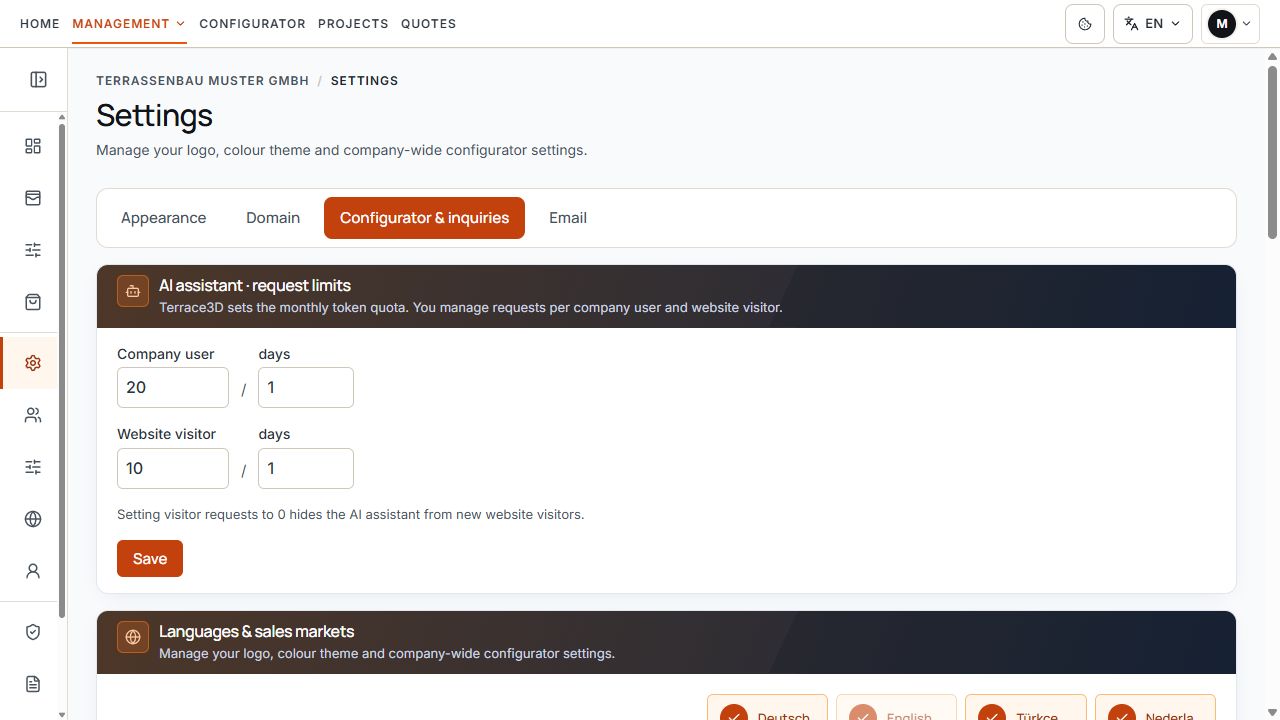 Configurator & inquiries tab with AI request limits and the start of the languages & sales markets section.