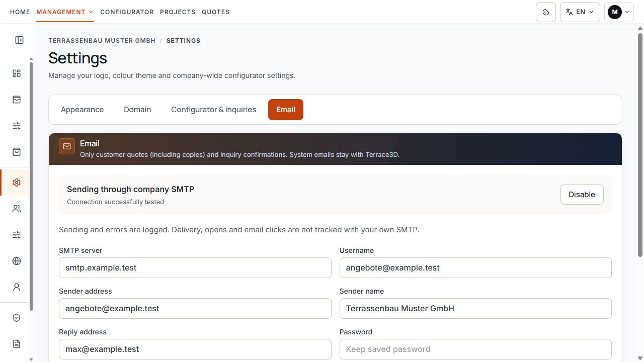 Email settings with active company SMTP, connection status, and sender fields.