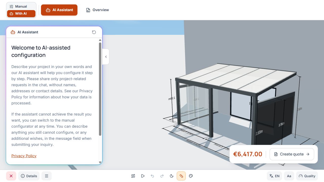 Studio in AI mode with welcome text, usage guidance and navigation to the overview.