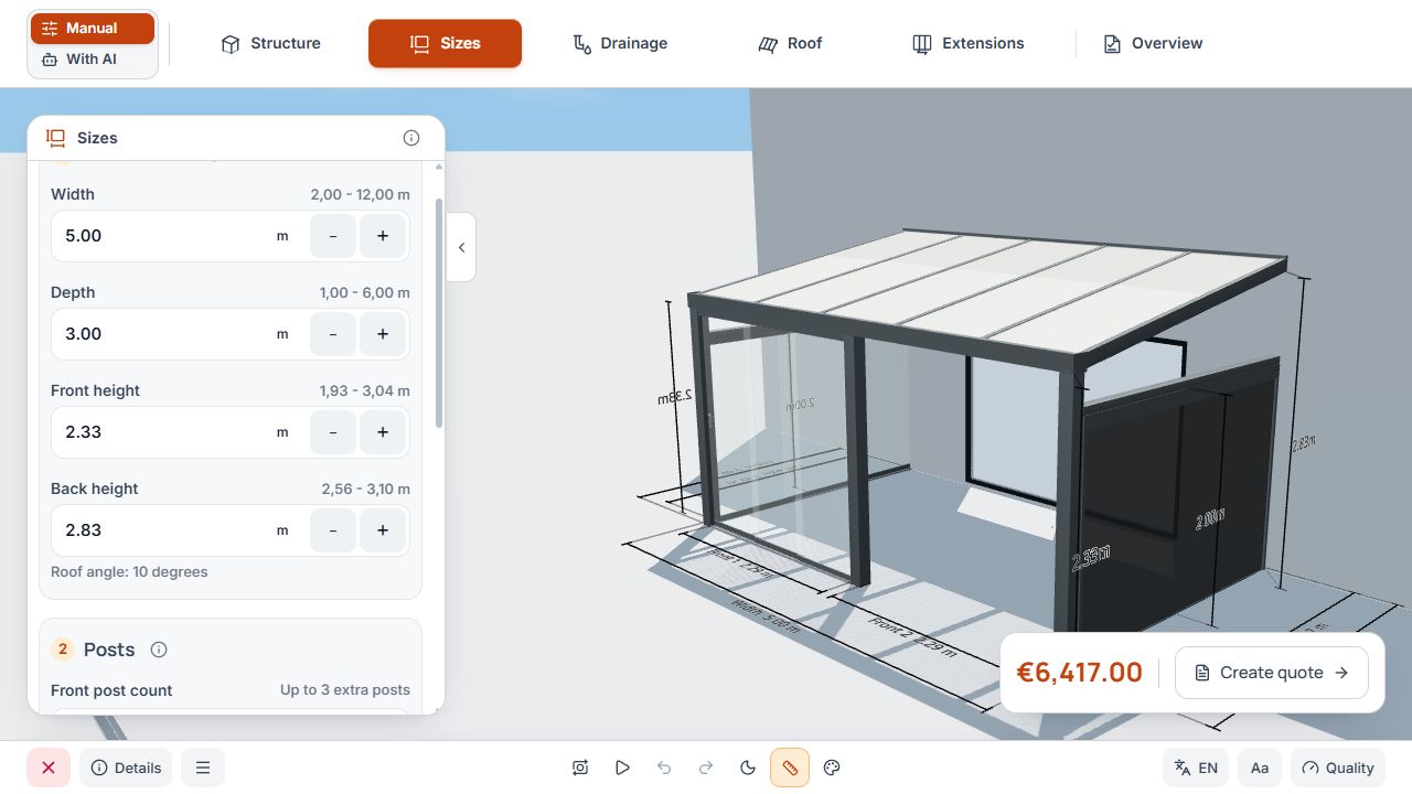 Dimensions step with width, depth, front and rear height, and roof pitch.