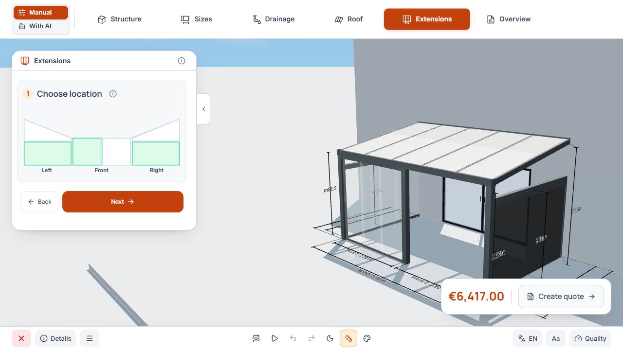 Extensions with the available side and front surface selection beside the 3D model.