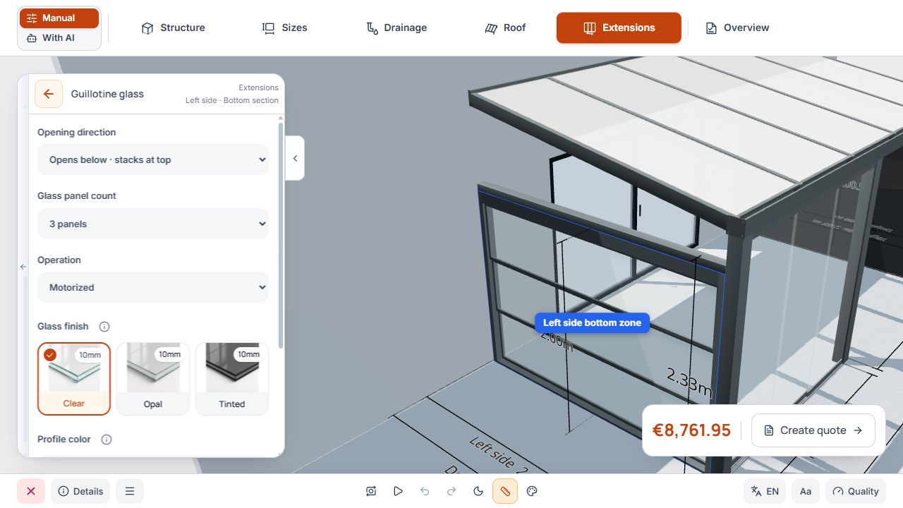 Guillotine glass settings with element count, motorized version, and glass type.