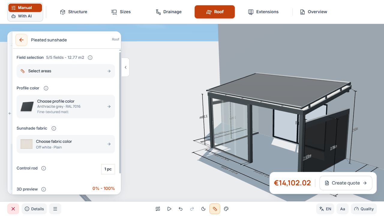 Roof pleated sunshade settings with five covered panels, profile color, fabric, and operation.