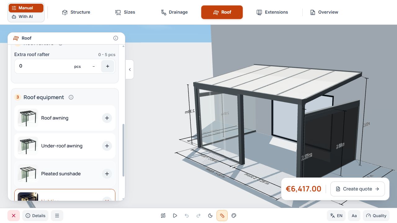 Roof settings with number of additional roof rafters and 3D model.