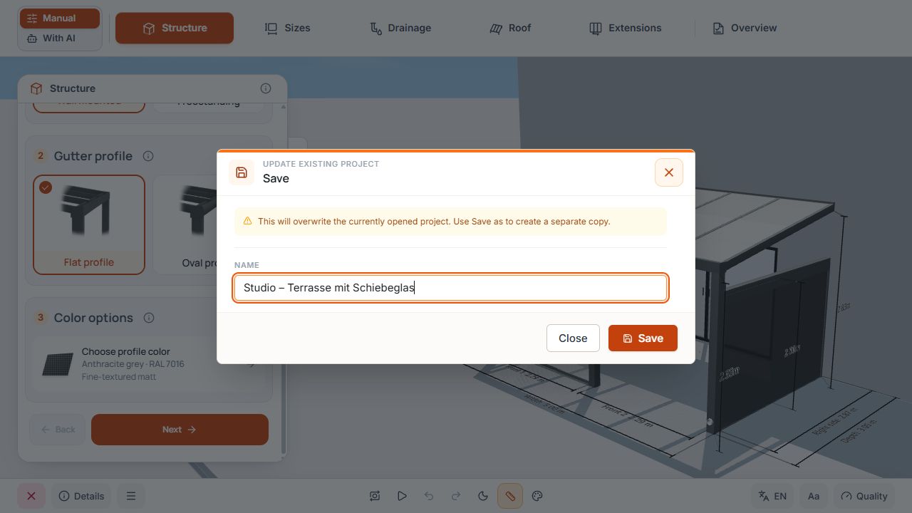 Save dialog with the project name and a warning about overwriting the open project.