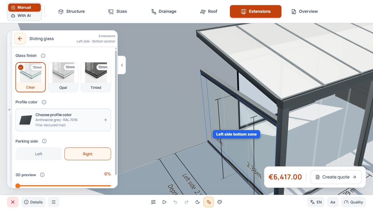 Sliding glass wall settings with glass type, frame color, parking side, and opening slider.